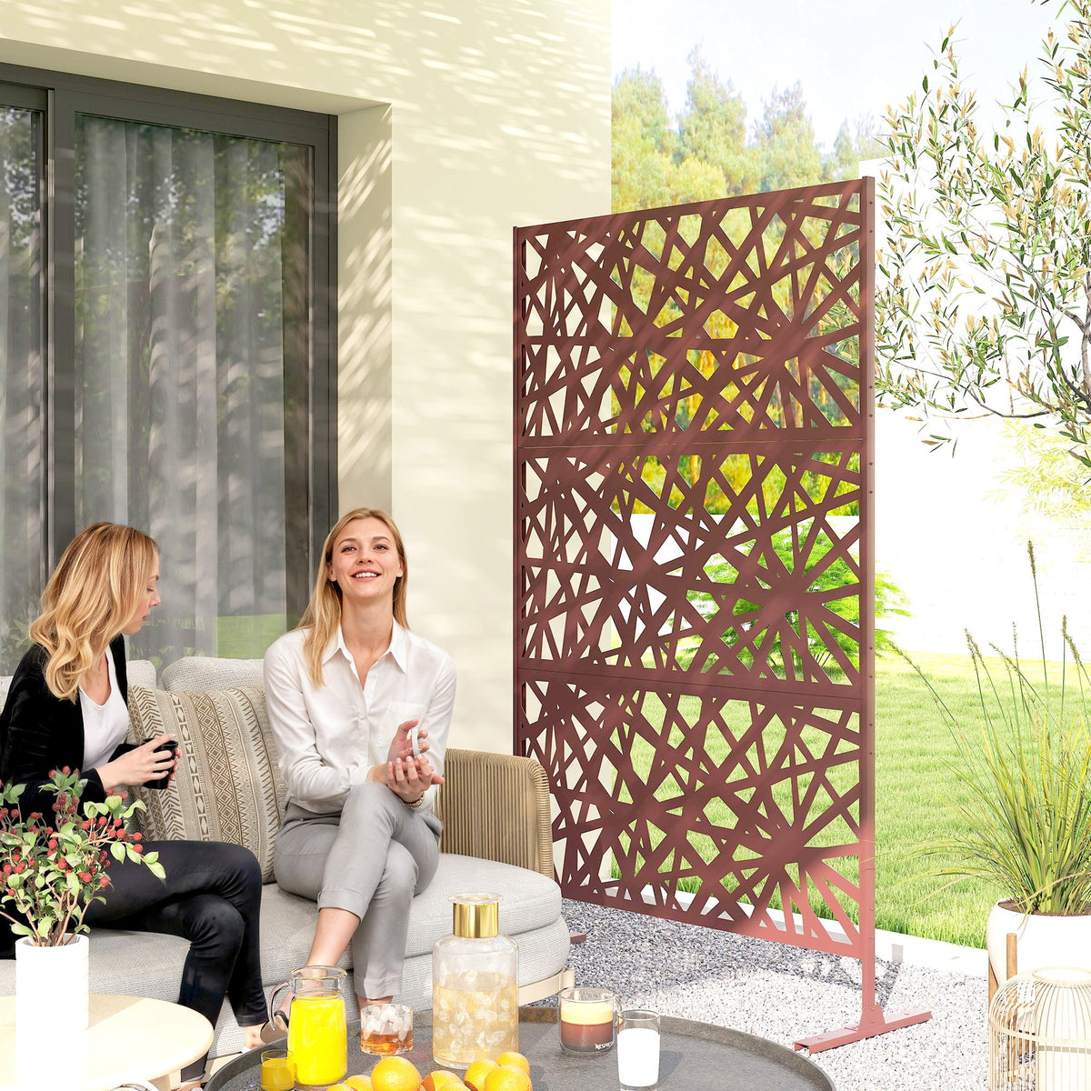78" x 48" Metal Outdoor Privacy Screen, Labyrinth Design, Dark Brown — product view 3