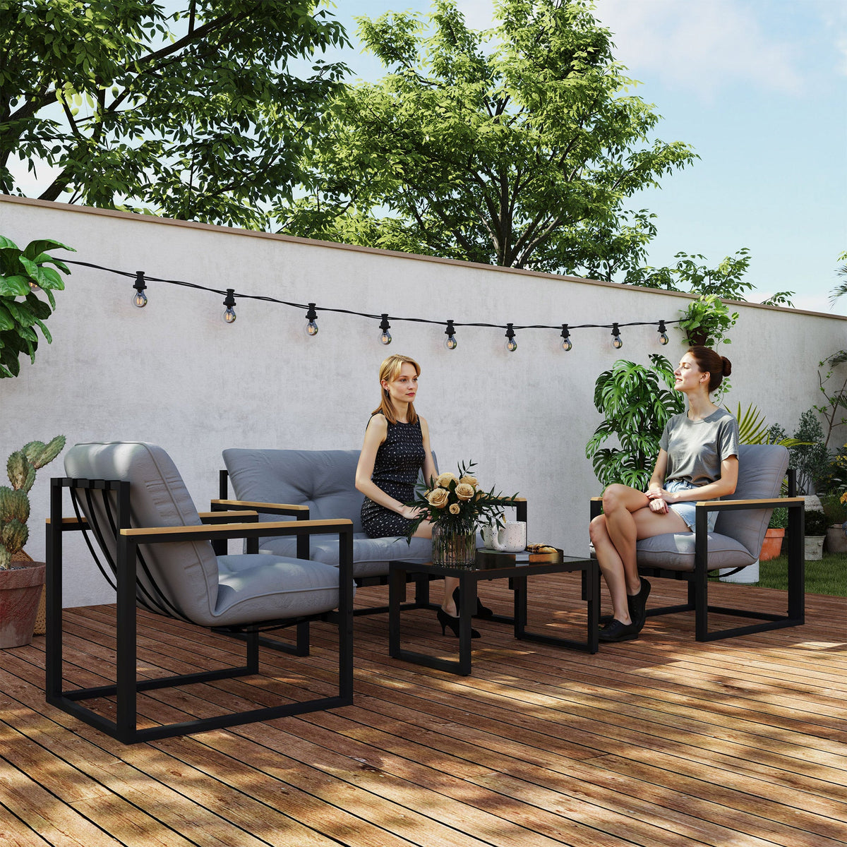 4 Piece Patio Furniture Set with Loveseat, Coffee Table and Thick Cushions, Light Grey — product view 3