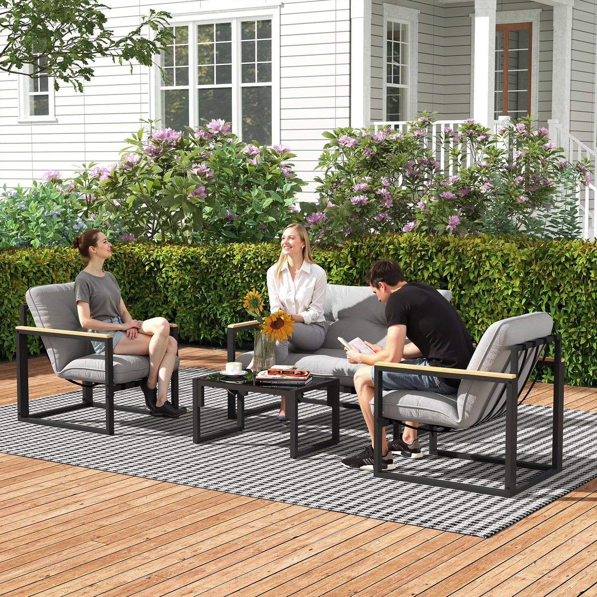 4 Piece Patio Furniture Set with Loveseat, Coffee Table and Thick Cushions, Light Grey — product view 4