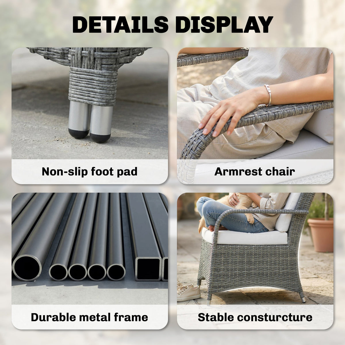 3-Piece Rattan Bistro Set with Metal Frame, Glass Table and Cushions, Light Grey — product view 6