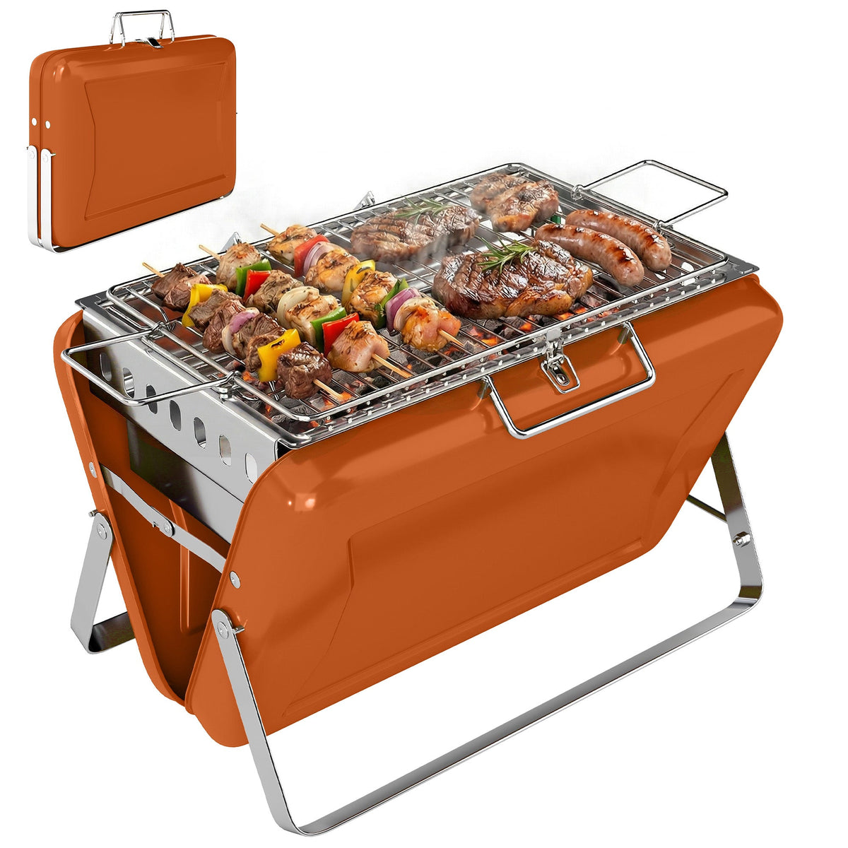 Folding Portable Charcoal BBQ Grill with Handle and Foldable Legs, Orange — product view 1