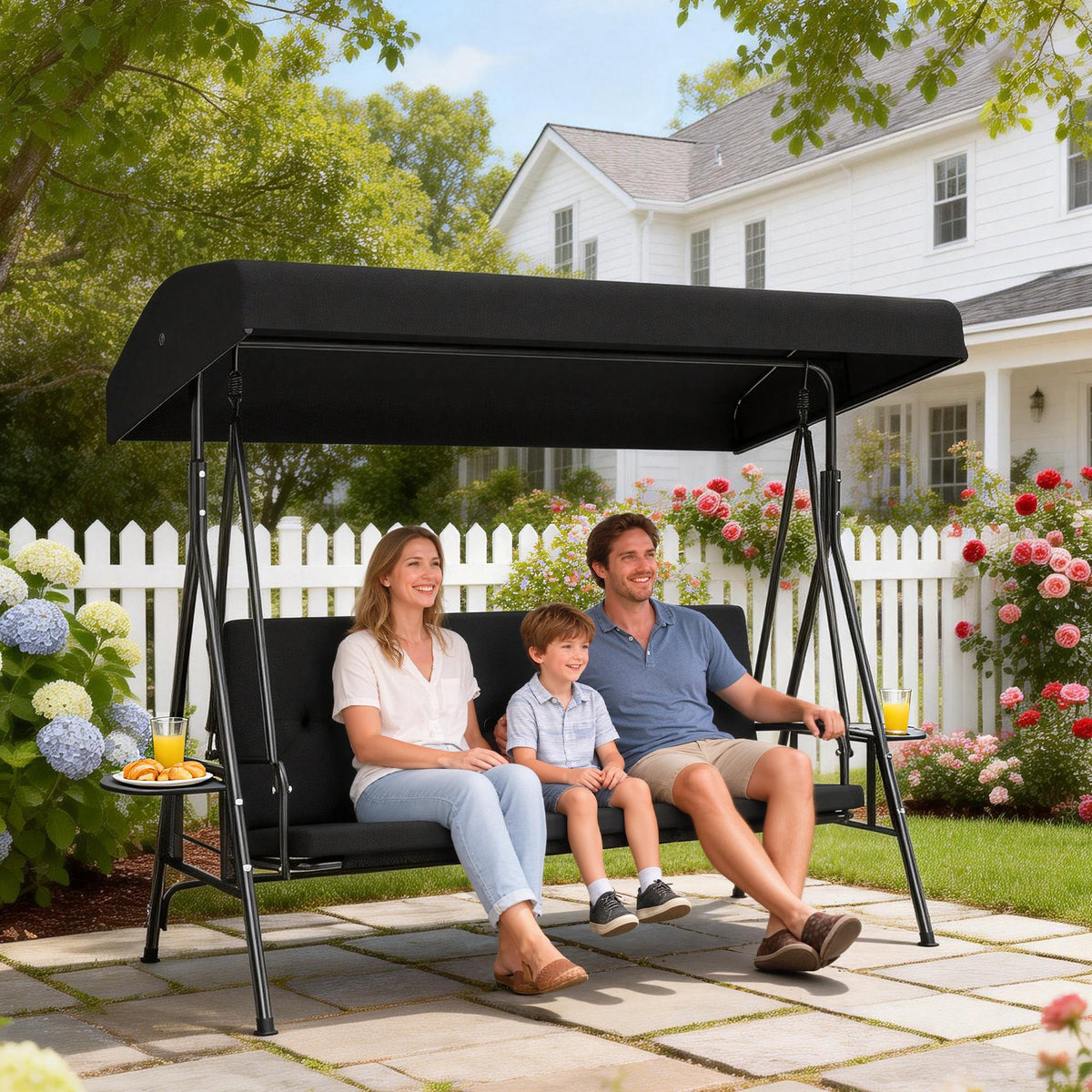 3-Seat Patio Swing Chair with Adjustable Canopy and Side Tray, Black — product view 3