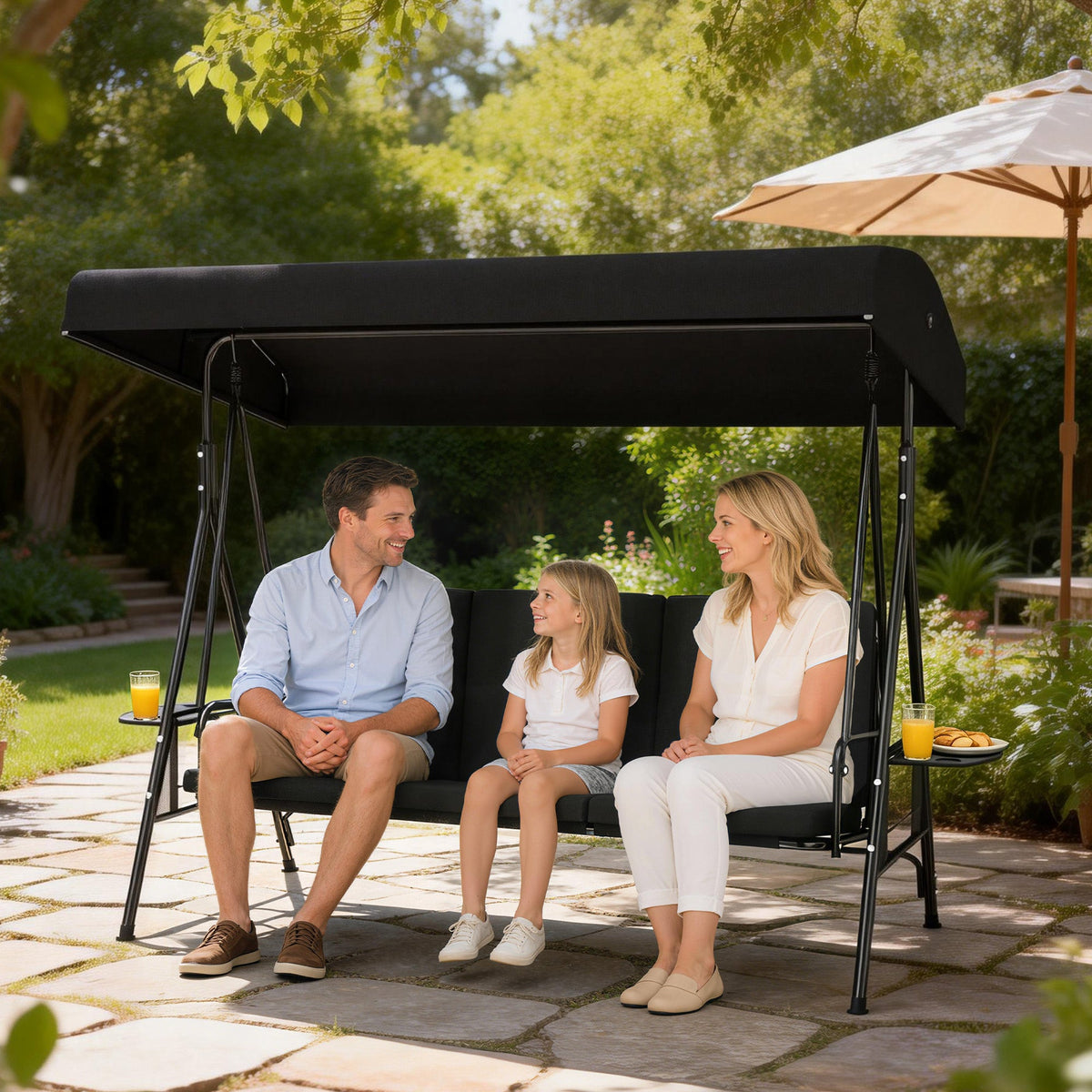 3-Seat Patio Swing Chair with Adjustable Canopy and Side Tray, Black — product view 4
