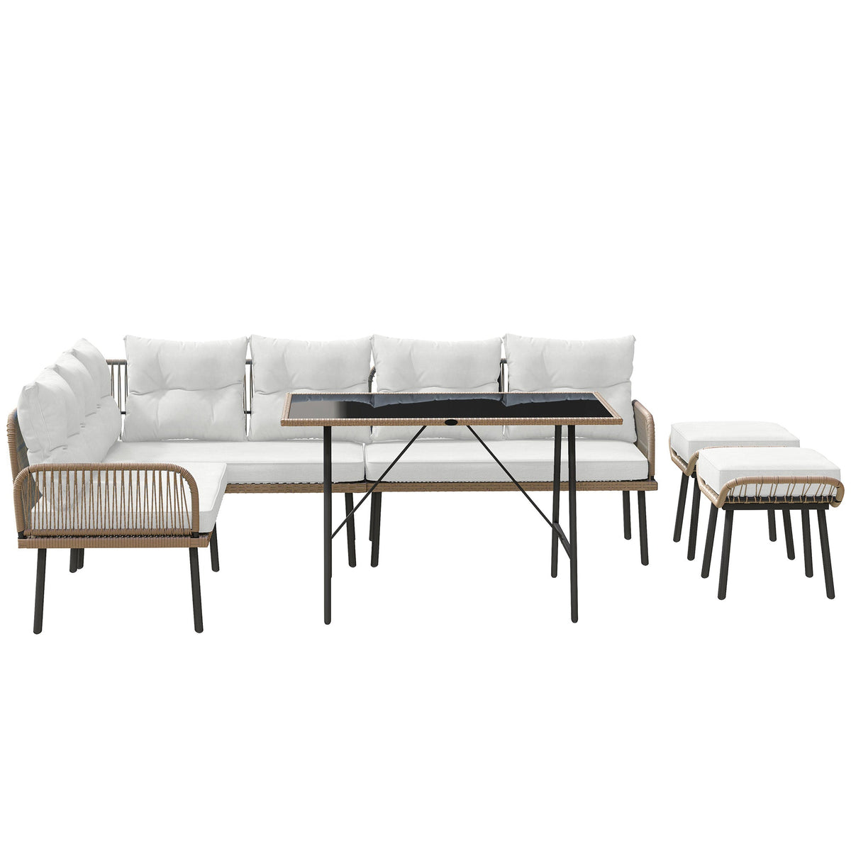 6 Piece Rattan Garden Furniture Set, 8 Seater Corner Sofa with Glass Table, Cream White — product view 2