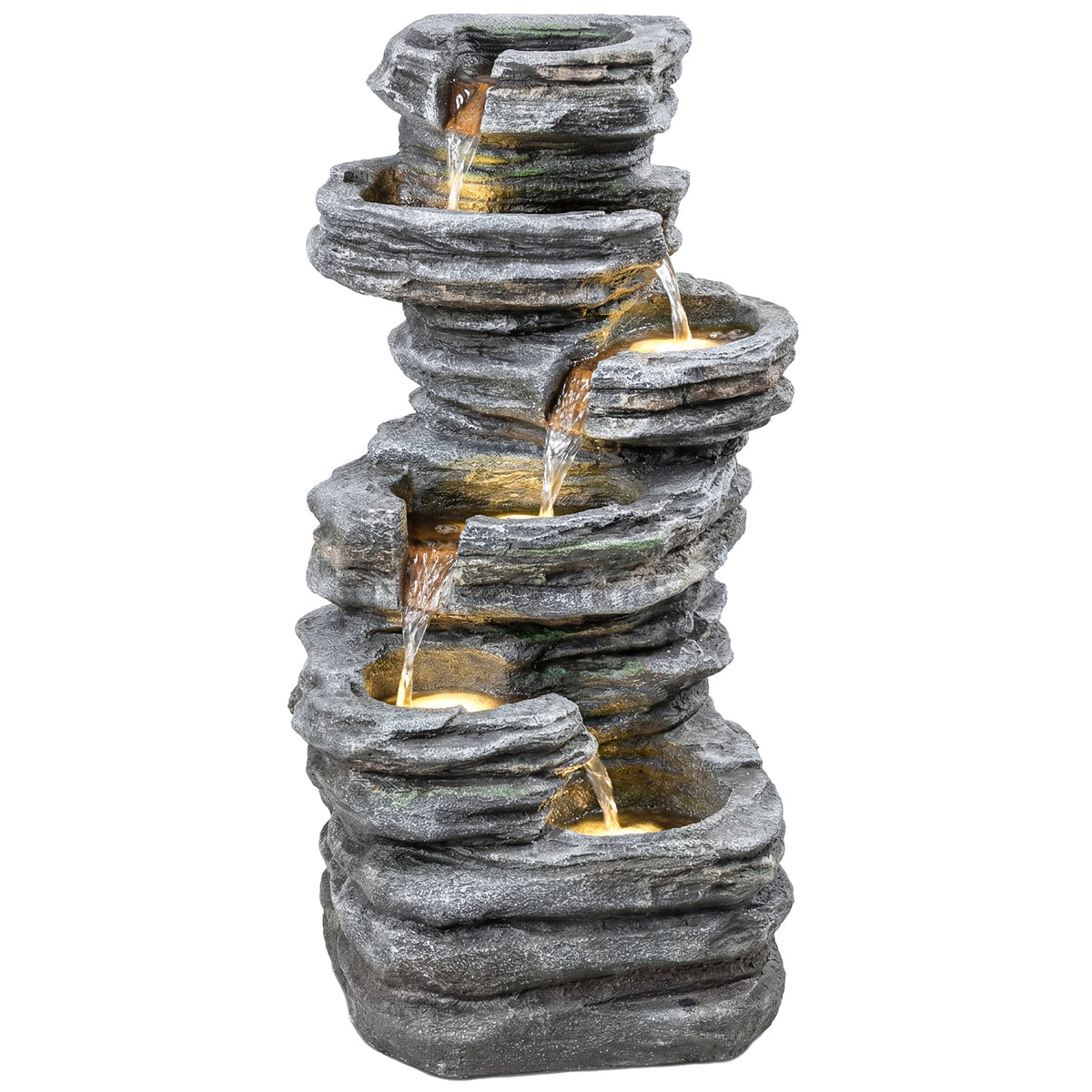 6-Tier Resin Rock Garden Fountain with Cascading Waterfall and LED Lights, Grey — product view 1