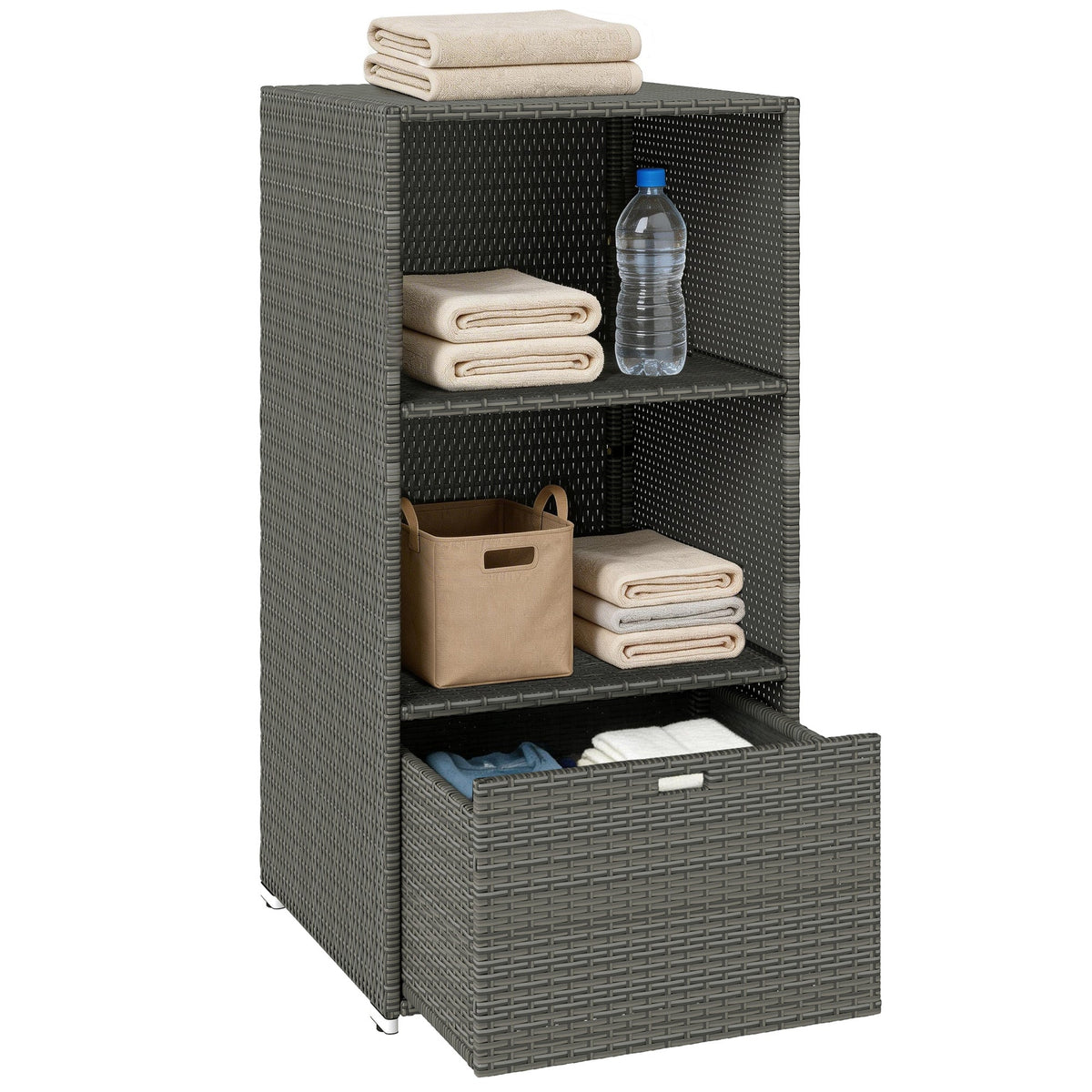Pool Towel Rack with 2 Shelves and Basket Drawer, PE Rattan, Dark Gray — product view 1