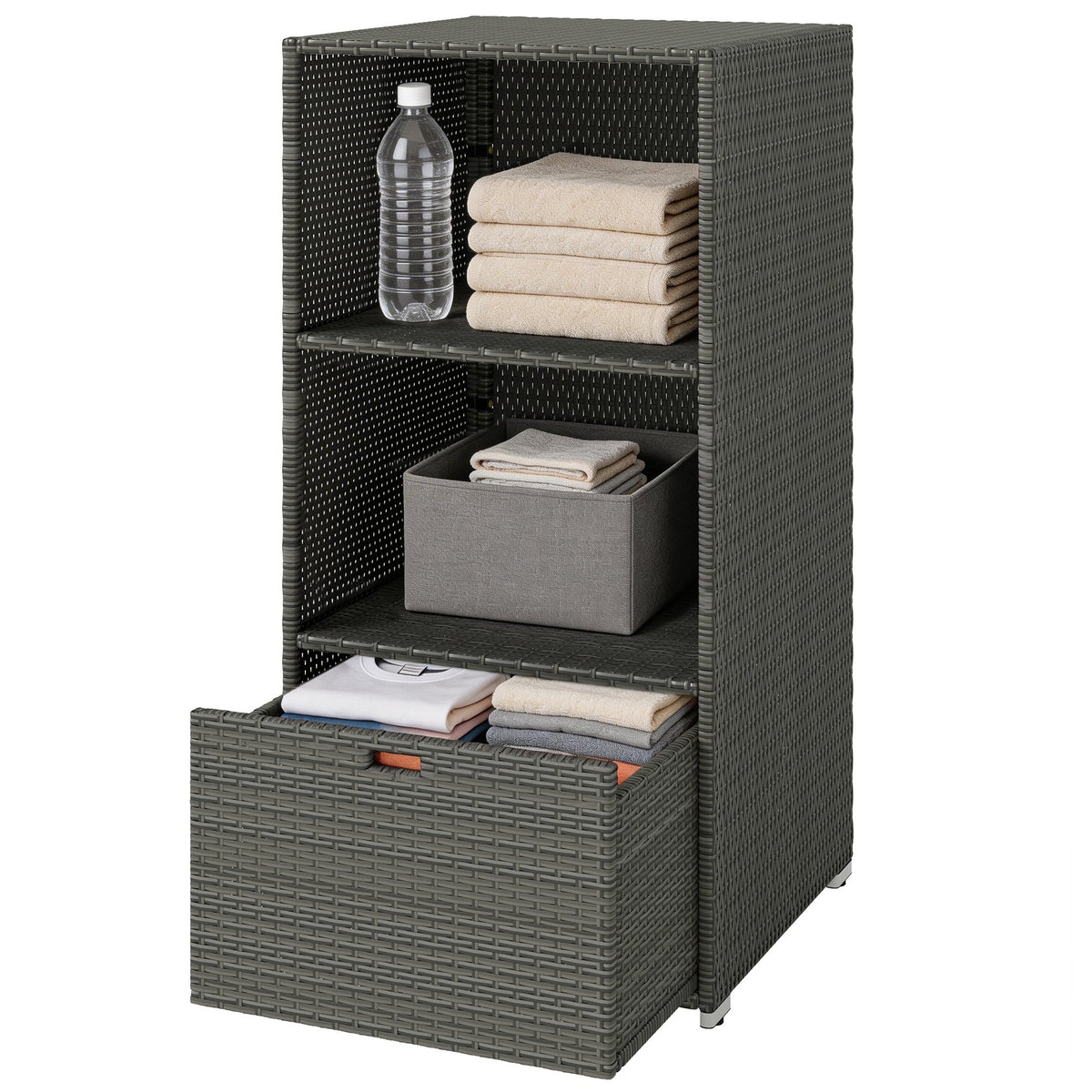 Pool Towel Rack with 2 Shelves and Basket Drawer, PE Rattan, Dark Gray — product view 2