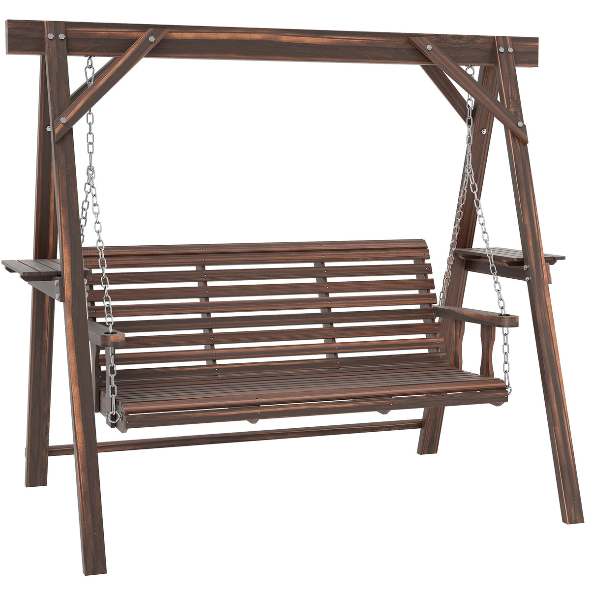 3 Seat Porch Swing with Stand and Side Tables, Carbonized Brown — product view 2