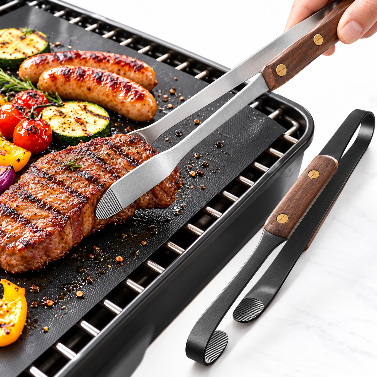 Stainless Steel BBQ Grill Tongs with Wooden Handle LoungeYard — product view 1