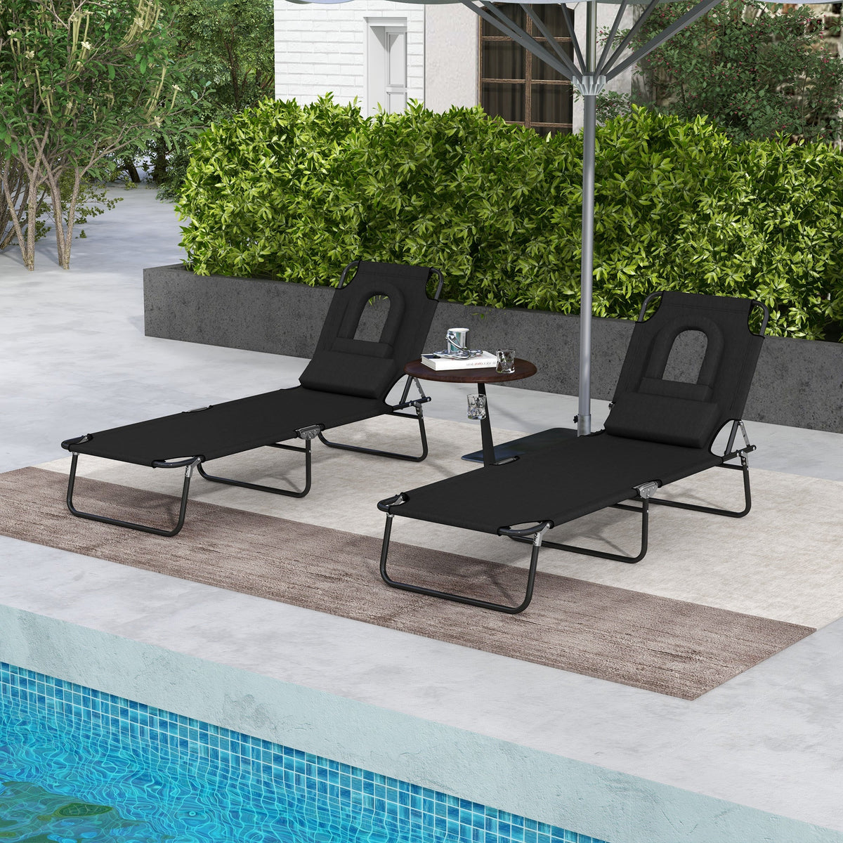 2pcs Adjustable Outdoor Lounge Chairs with Face Hole, Black — product view 4