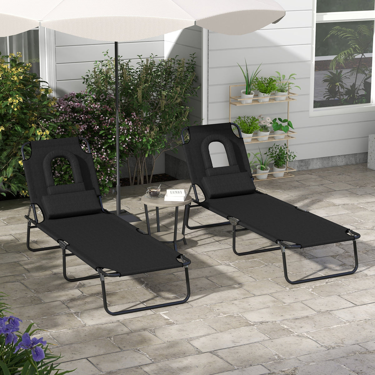 2pcs Adjustable Outdoor Lounge Chairs with Face Hole, Black — product view 3