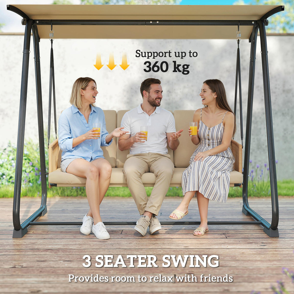 3 Seater Garden Swing Chair with Tilting Canopy and Zipped Cushions, Sand Brown — product view 6