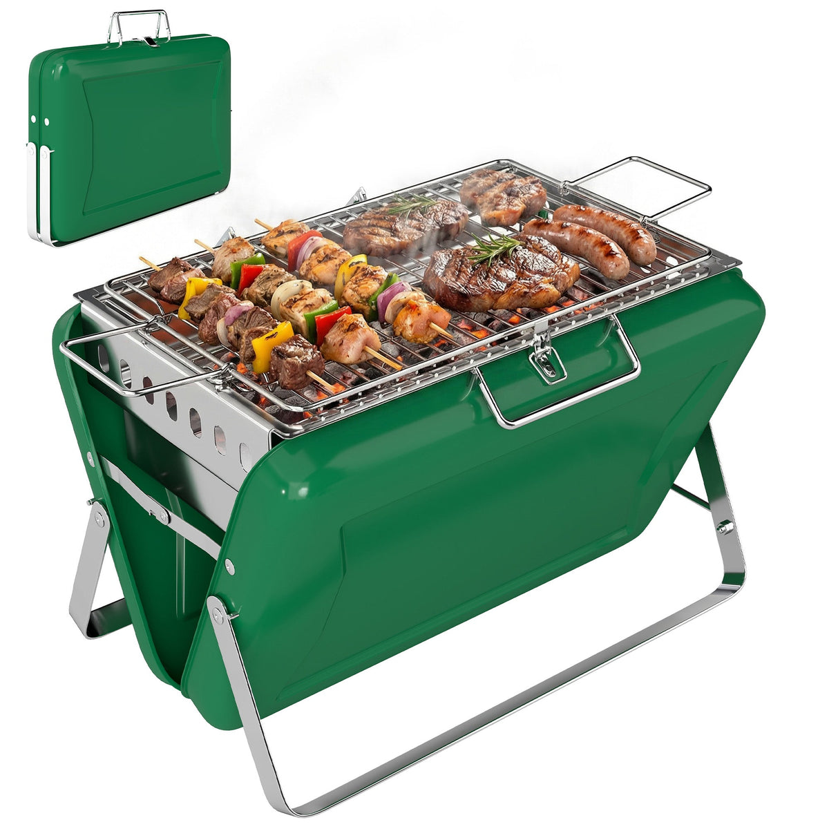 Folding Portable Charcoal BBQ Grill with Handle and Foldable Legs, Dark Green — product view 1
