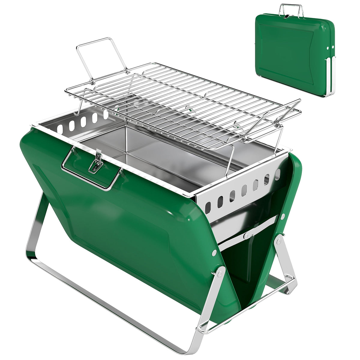 Folding Portable Charcoal BBQ Grill with Handle and Foldable Legs, Dark Green — product view 2