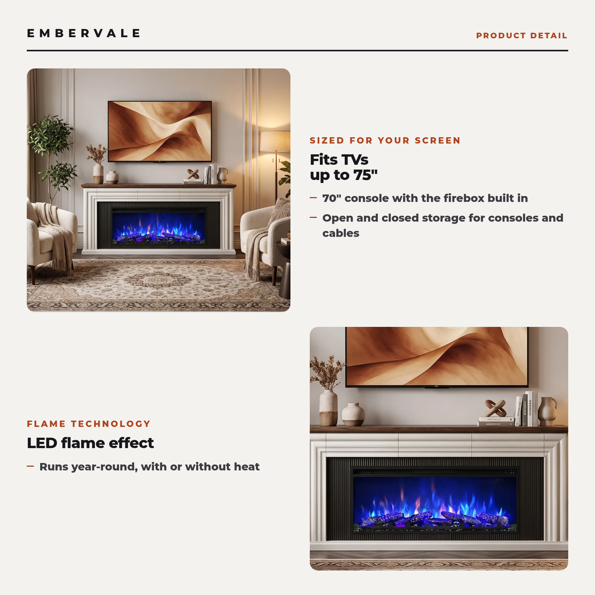 70 Inch Fluted Fireplace TV Stand with 42 Inch Electric Fireplace, Modern Farmhouse Media Console for 65-75 Inch TVs — product view 3