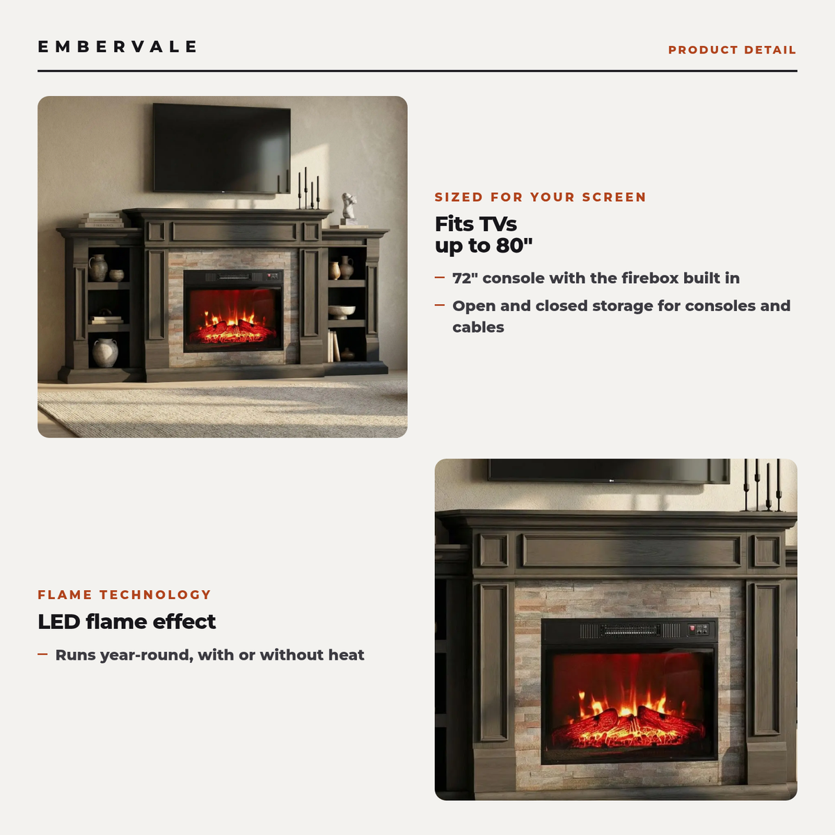 72 Inch Electric Fireplace TV Stand with Mantel for TVs up to 80 Inch, Modern Black Entertainment Center — product view 2