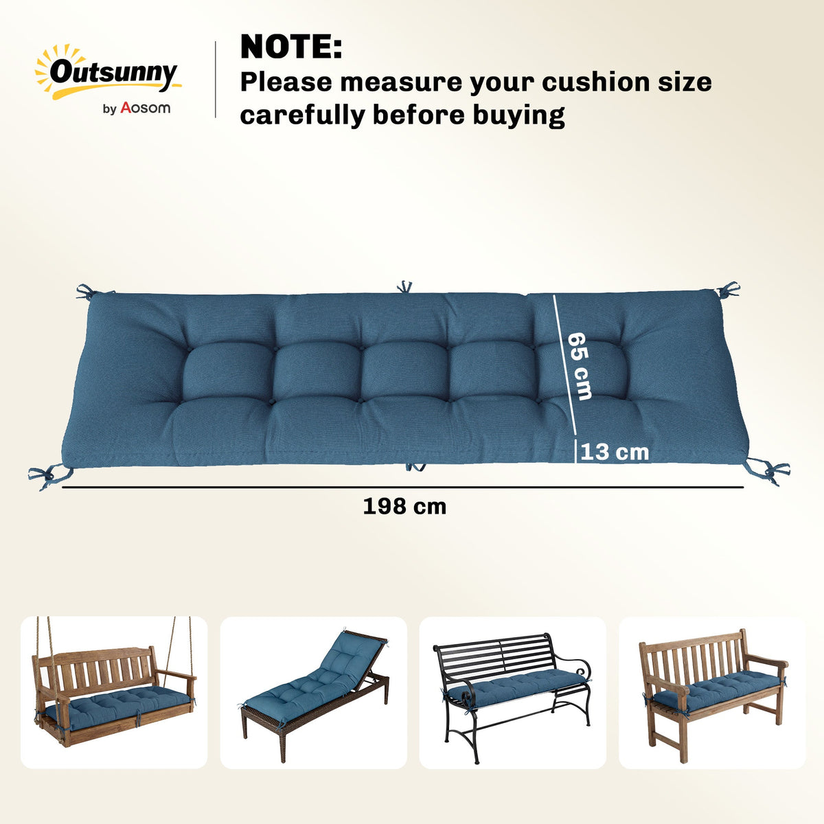 Memory Foam Sun Lounger Cushion with Ties, 190 x 60 cm, Blue — product view 5