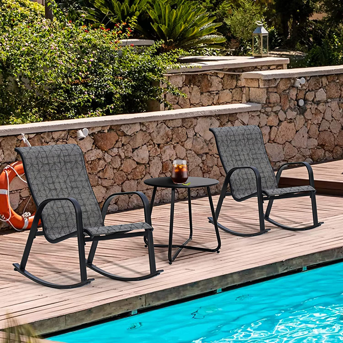 LOUNGE YARD Outdoor 3-Piece Patio Bistro Rocking Chair Set, Steel Rocker Seating Outside for Front Porch, Garden, Patio, Backyard — product view 3