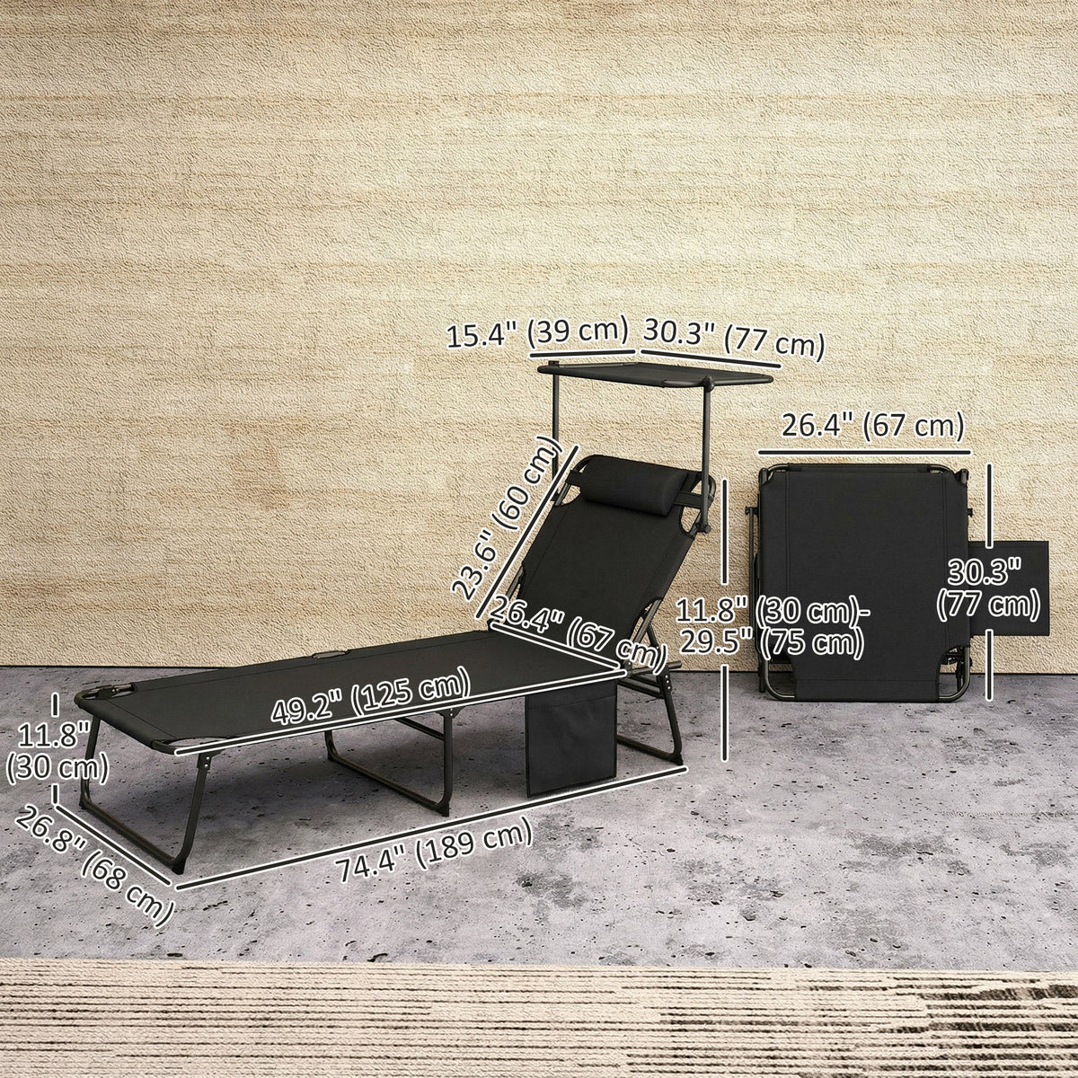 Folding Chaise Lounge Chair with Cushion, Sun Shade and Headrest, Dark Grey — product view 5