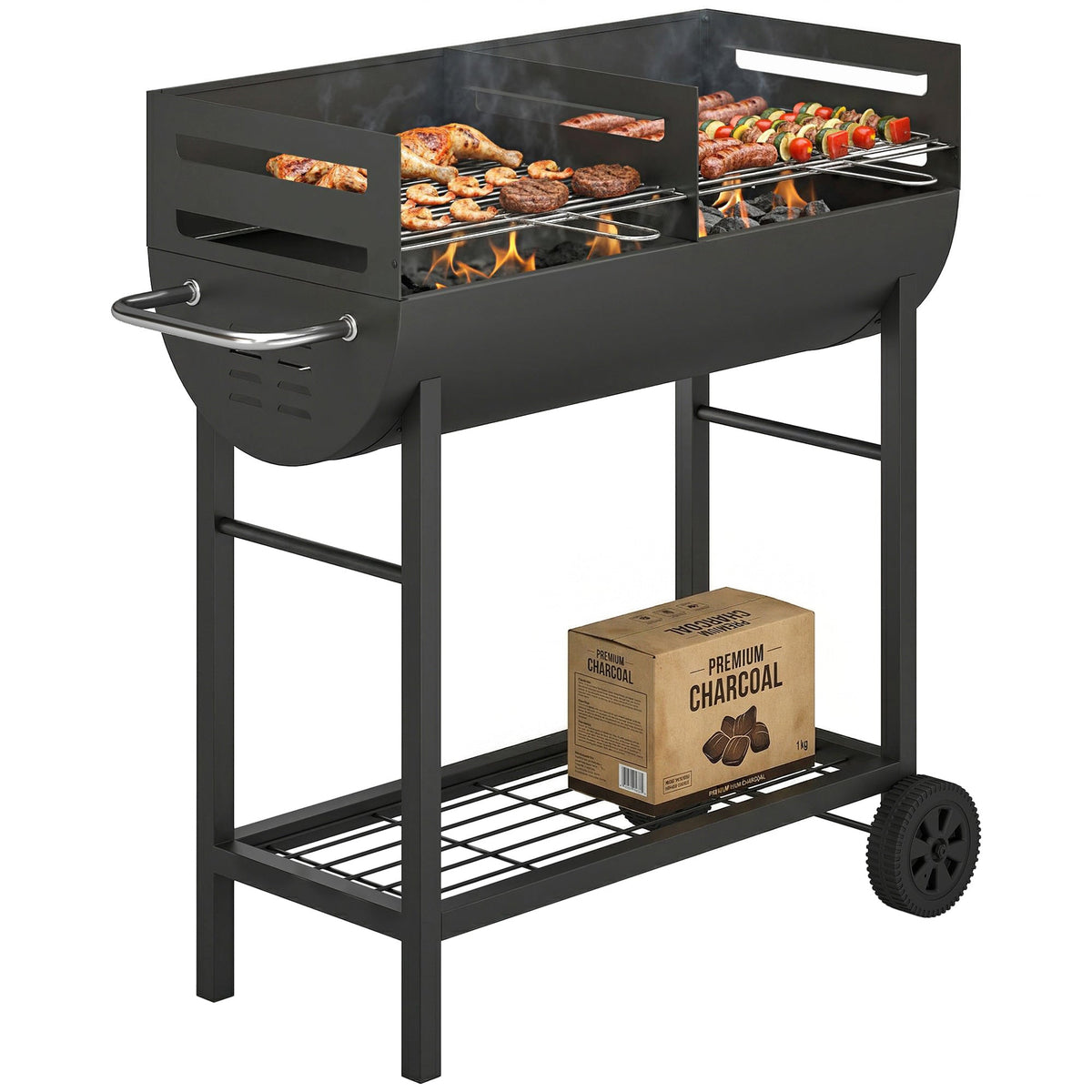 Charcoal BBQ Trolley, Metal 2-Zone Grill on Wheels, Adjustable Grates, Black — product view 1