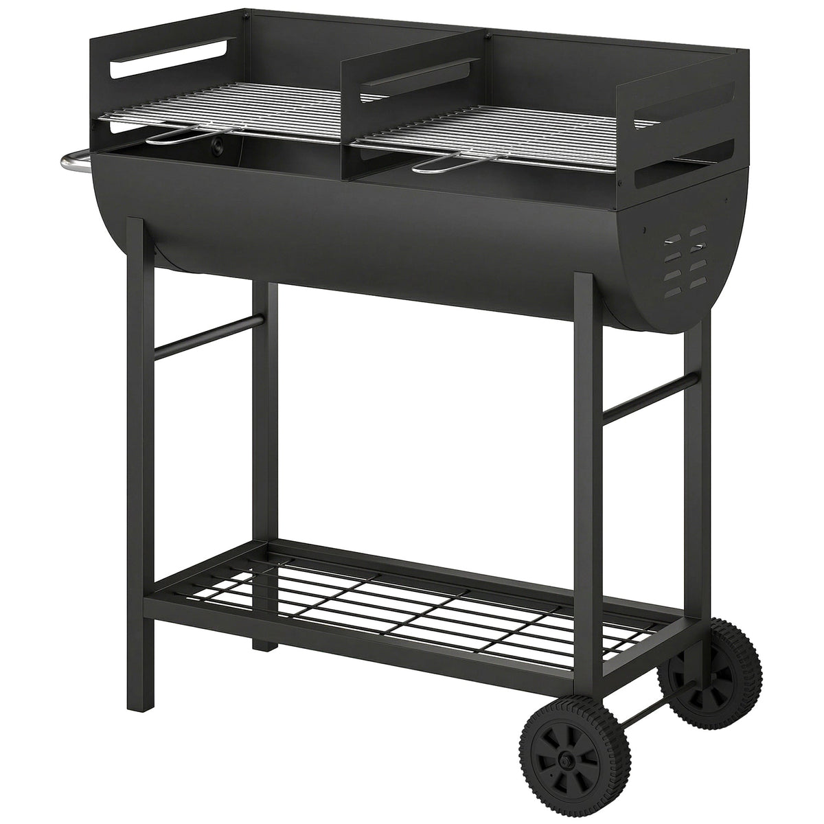 Charcoal BBQ Trolley, Metal 2-Zone Grill on Wheels, Adjustable Grates, Black — product view 2