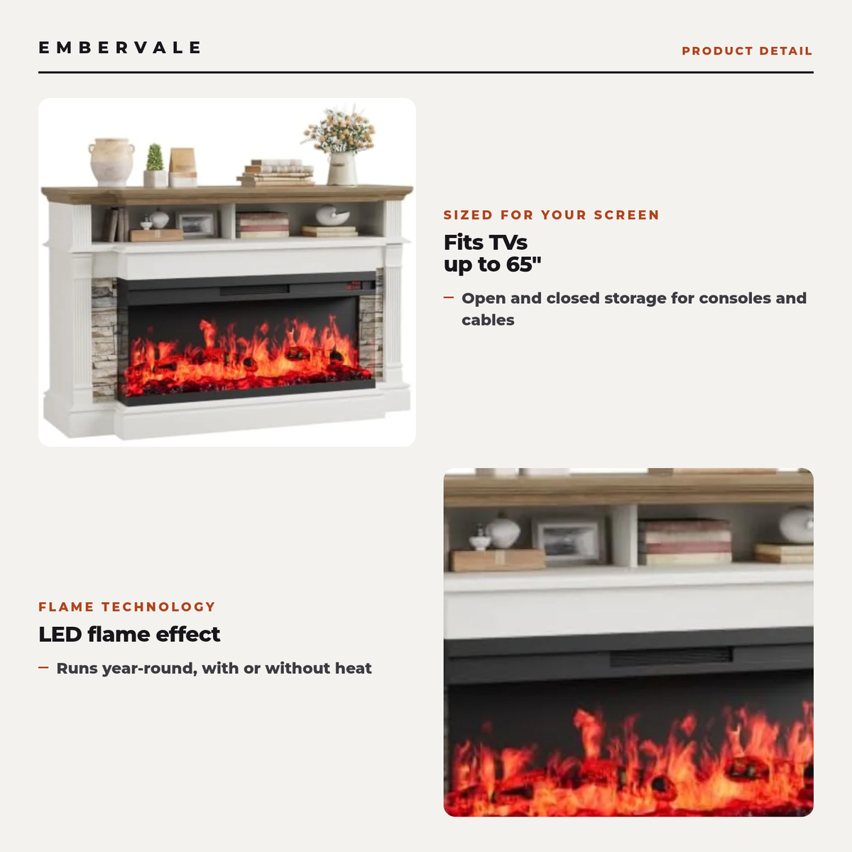 Electric Fireplace TV Stand for TVs up to 65 Inch, Farmhouse Media Console Entertainment Center for Living Rooms — product view 2