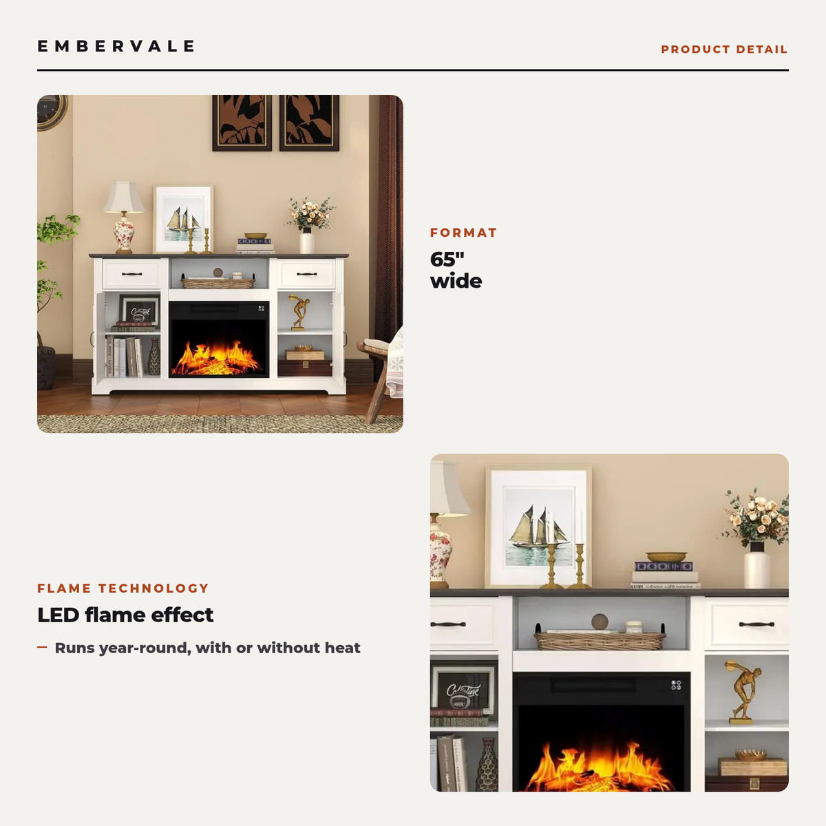 65 Inch Electric Fireplace TV Stand, Solid Wood, Modern Media Console Entertainment Center, Storage Cabinets for Living Rooms — product view 2