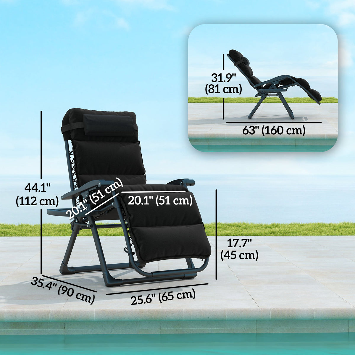 Set of 2 Zero Gravity Chairs with Cup and Phone Holder Tray, Black — product view 5
