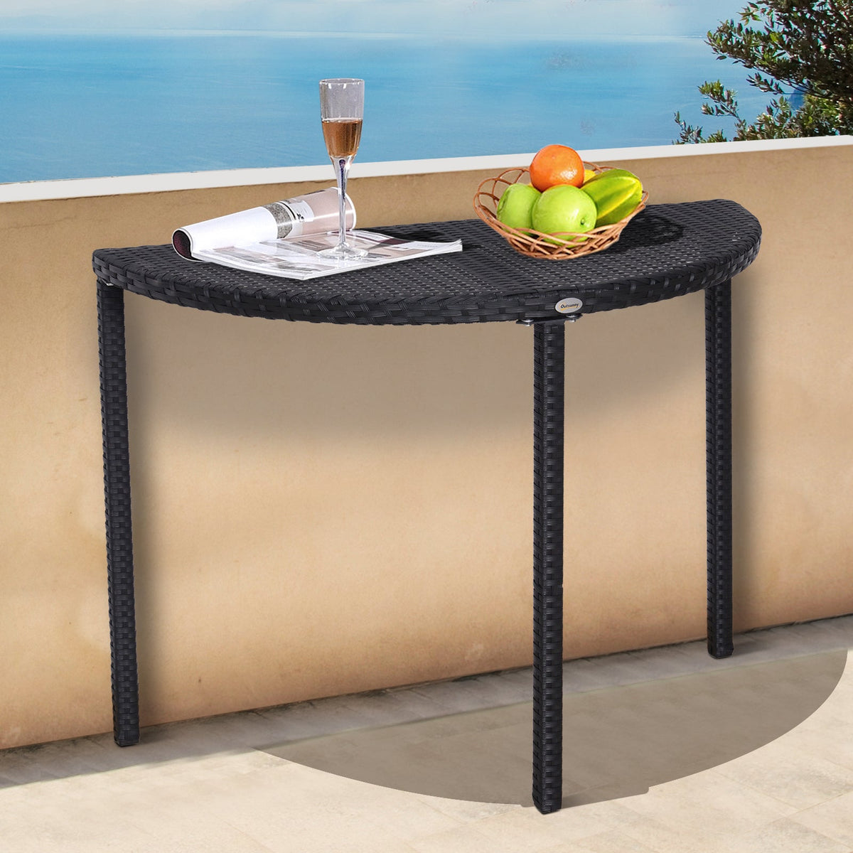 39.4" Half Round PE Rattan Side Table with Metal Frame, Black — product view 3