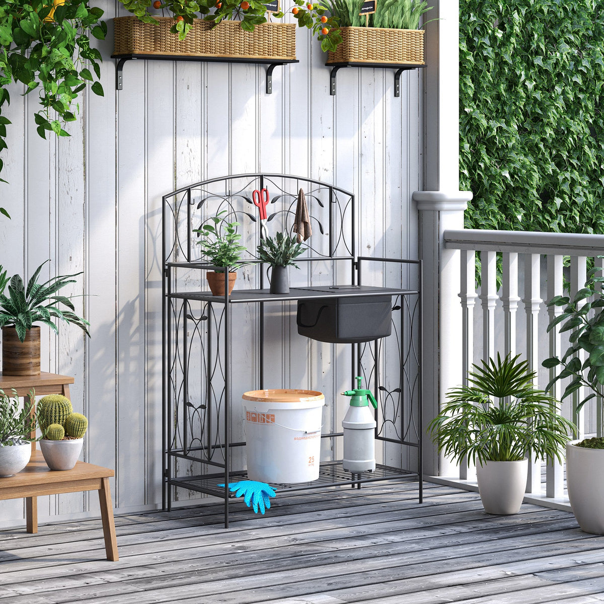 Folding Potting Bench Table with Storage Shelf, Leaf Pattern — product view 4