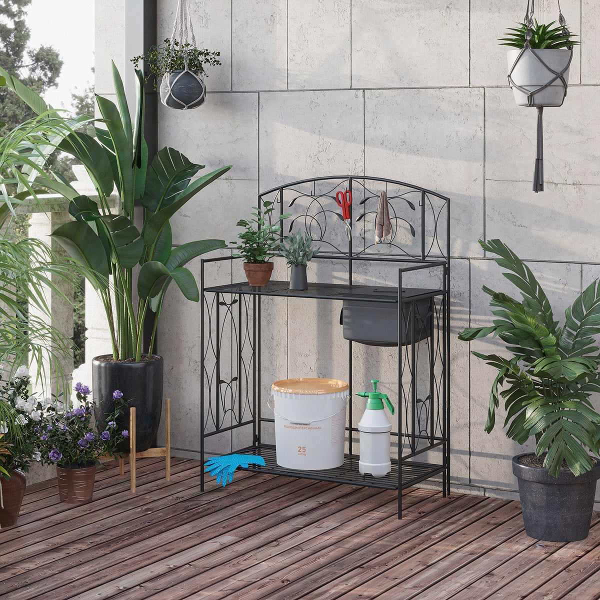 Folding Potting Bench Table with Storage Shelf, Leaf Pattern — product view 3