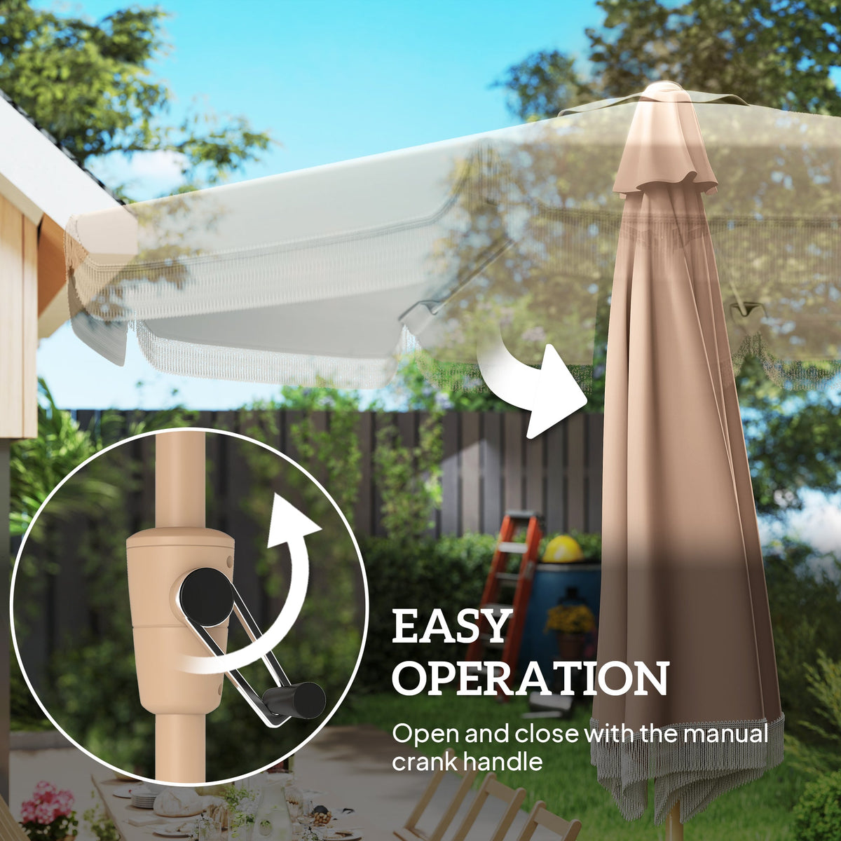 9ft Fringed Patio Umbrella with Push Button Tilt and Crank, Khaki — product view 7