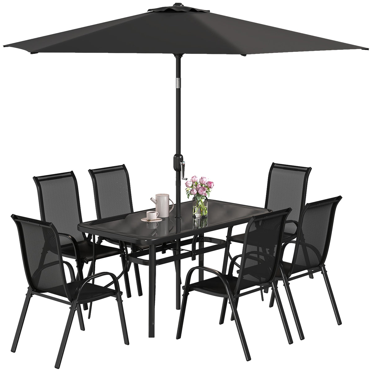 8-Piece Patio Dining Set with 9 Ft Umbrella, Black — product view 1