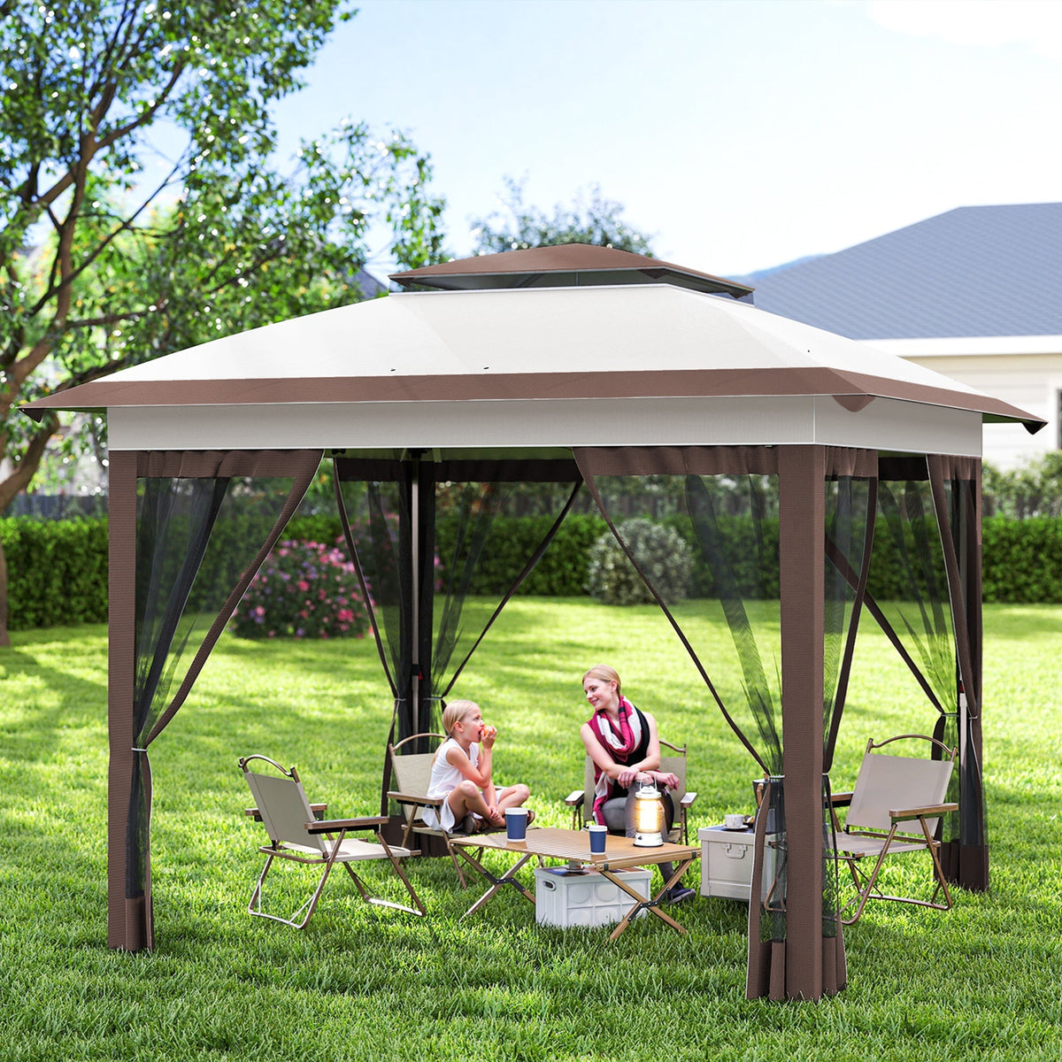 12' x 12' Pop-Up Canopy with Mesh Sidewalls, Adjustable Height, Beige Dark Brown — product view 4