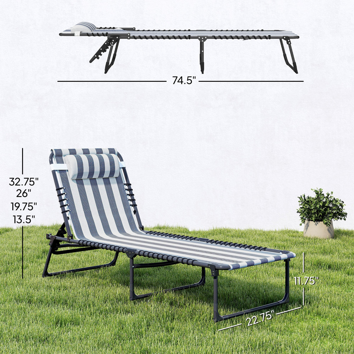 Folding Chaise Lounge Chair with 4-Position Reclining Back for Beach, Poolside, Yard, Blue and White — product view 5