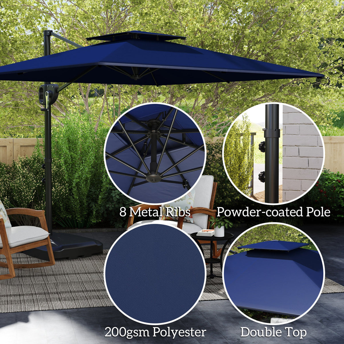 8' x 9' Square Cantilever Patio Umbrella with Fillable Base, Dark Blue — product view 7