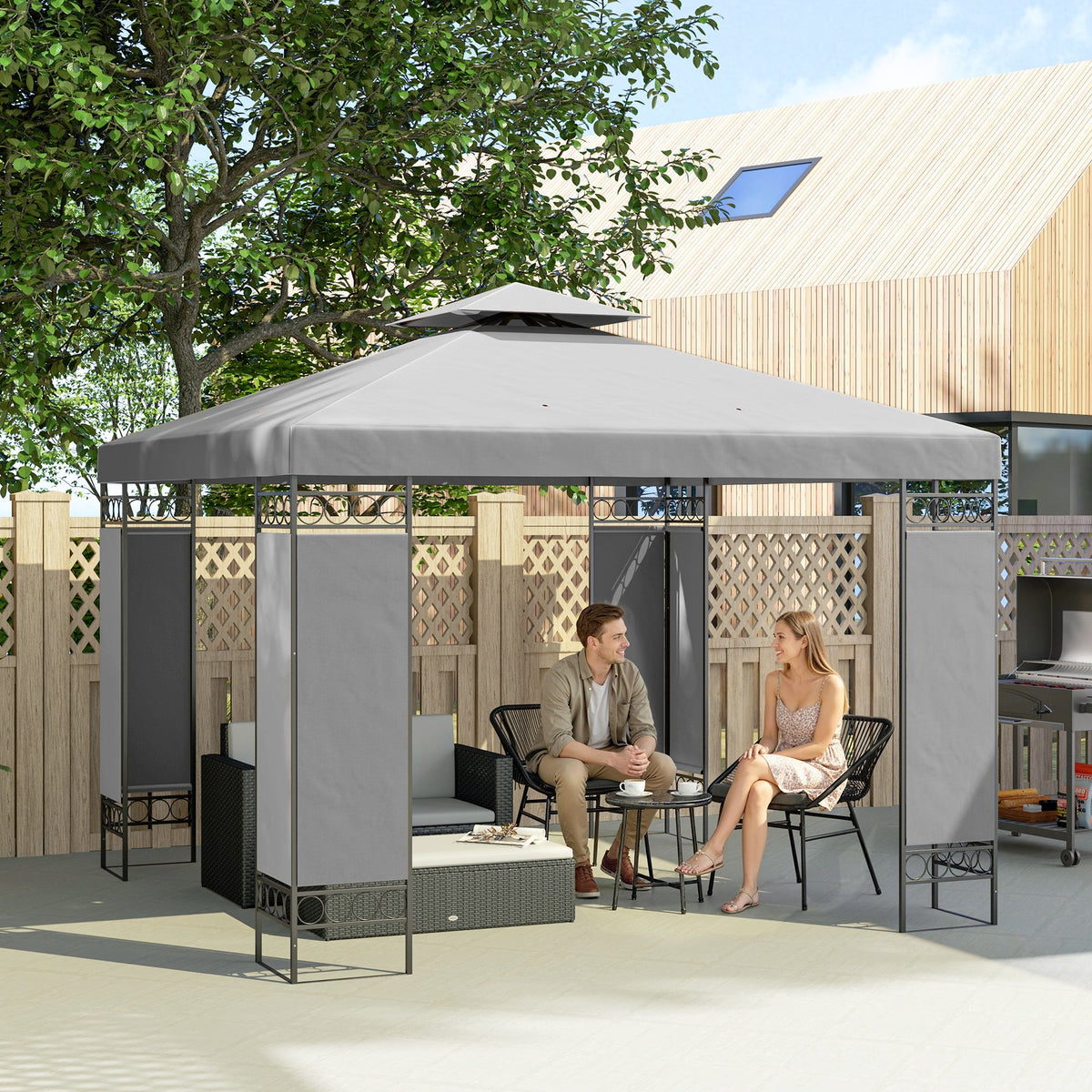 10 x 10 ft Canopy Gazebo with Double Roof and Screen Panels, Light Grey — product view 3