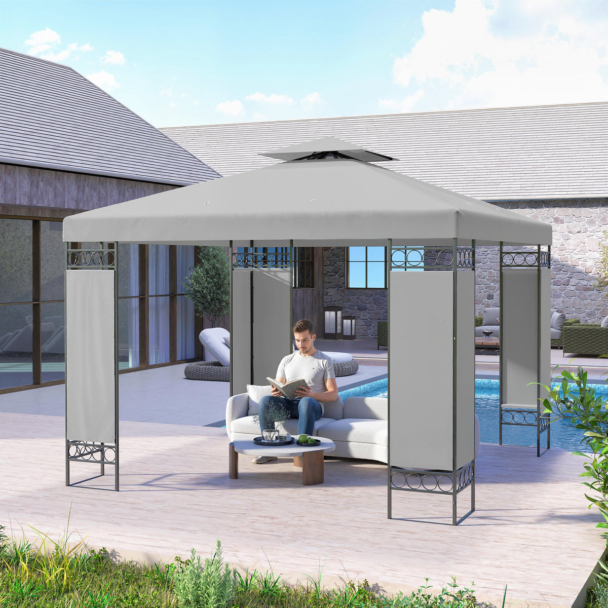 10 x 10 ft Canopy Gazebo with Double Roof and Screen Panels, Light Grey — product view 4