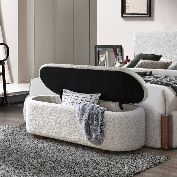 Sandro Beige Boucle Fabric Padded Lift-Top Oval Storage Bedroom Bench – BD02652 — product view 1