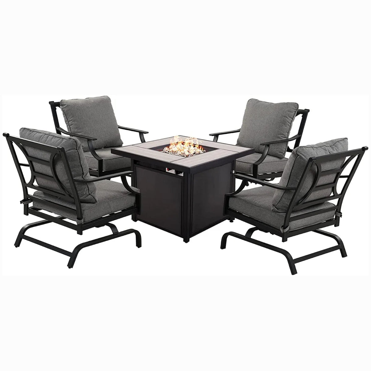 LOUNGE YARD 5 PCS Outdoor Furniture Conversation Grey Cushions Rocking Chairs Propane Gas Fire Table — product view 1