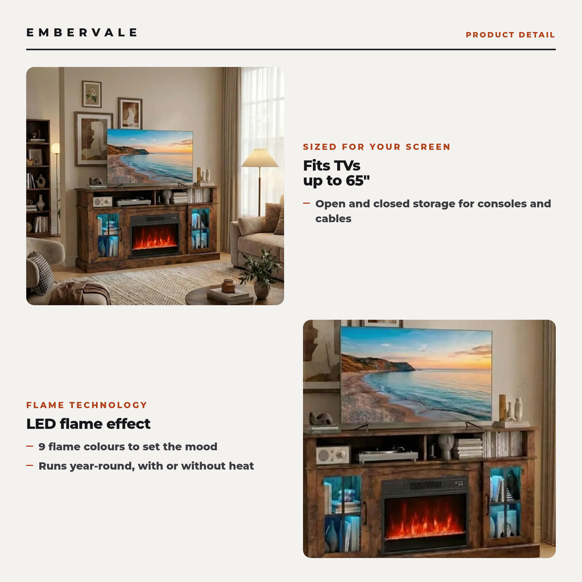 Electric Fireplace TV Stand for TVs Up To 65 Inches with LED Lights, Remote Controls, 9 Flame Colors, 3-Level — product view 2