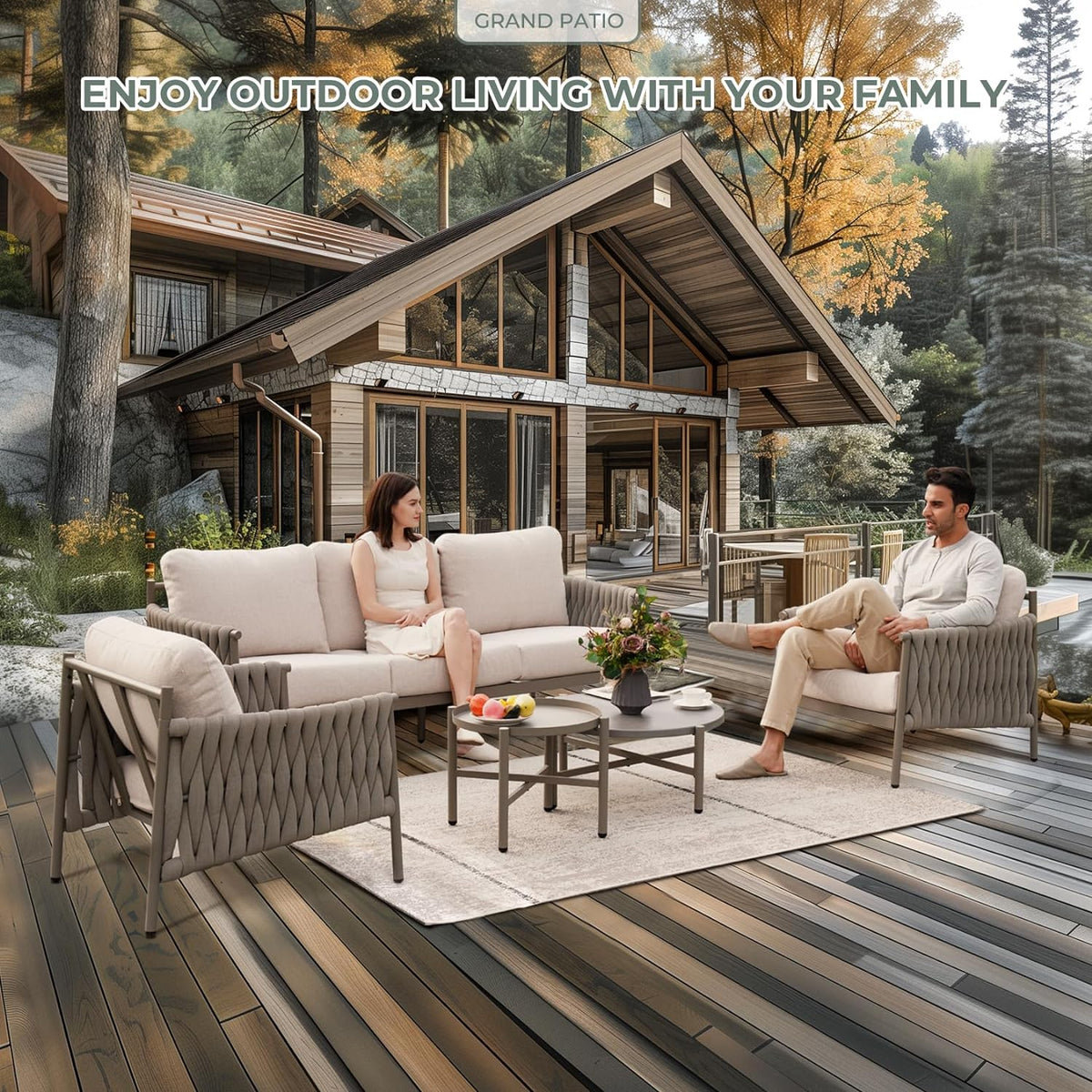 LOUNGE YARD 5-Seat Conversation Sofa Set, Thick Cotton Rope Outdoor Patio Furniture with Cushions — product view 4