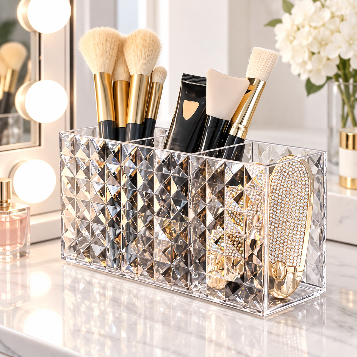 Acrylic Triple-Compartment Diamond-Cut Makeup Brush and Cosmetic Organizer LoungeYard — product view 1