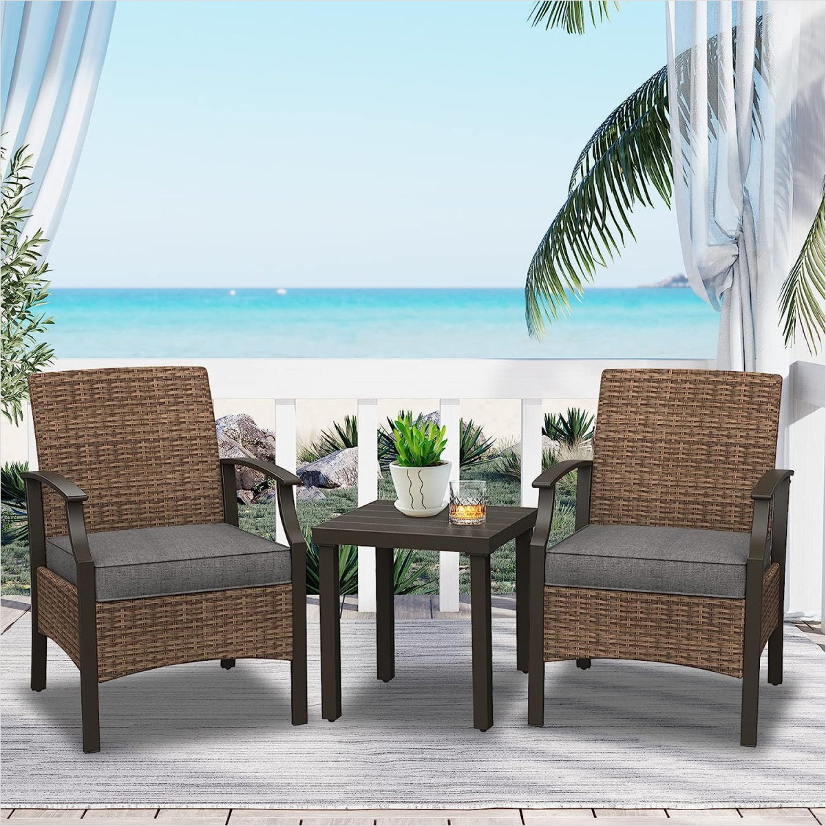 LOUNGE YARD Outdoor Furniture Sets Weather Resistant Wicker Outdoor Patio Chairs with Ottomans and Coffee Tables for Balcony Backyard Garden Poolside — product view 4