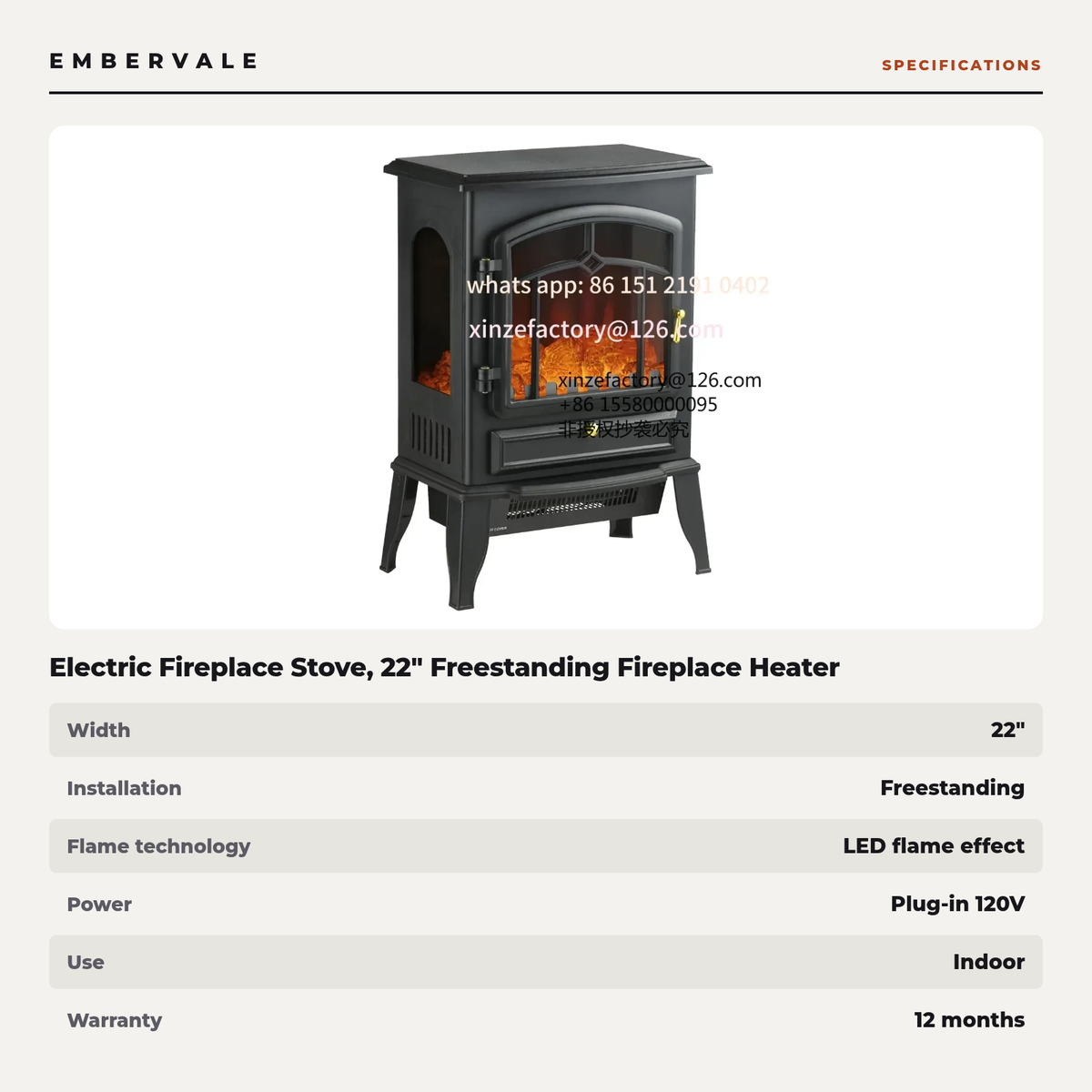 Electric Fireplace Stove, 22" Freestanding Fireplace Heater with 3-Sided Realistic Flame — product view 3