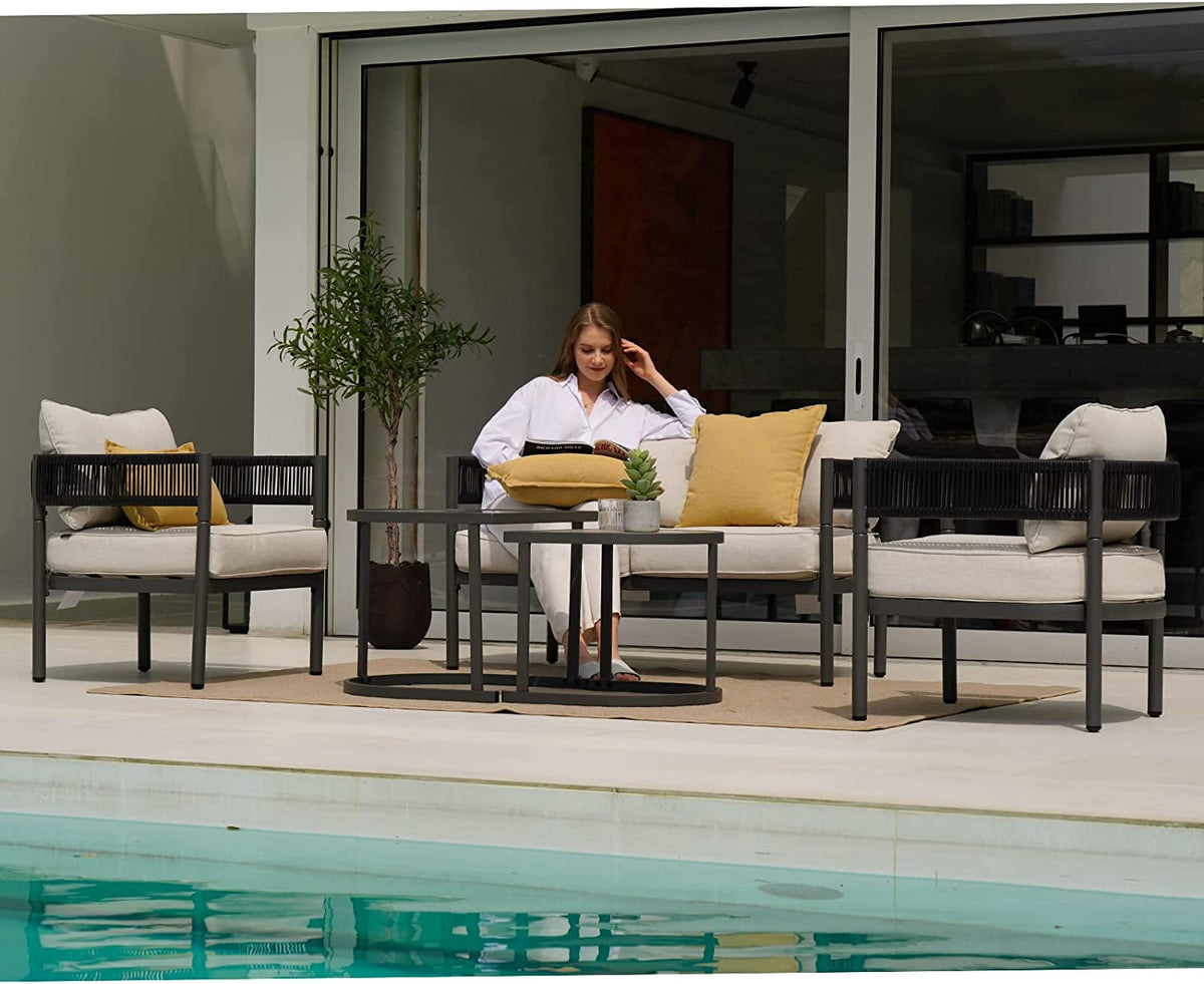LOUNGE YARD 4-Seat Conversation Set, with Olefin Cushions and Nested Table, Patio Furniture for Backyard, Beige — product view 4