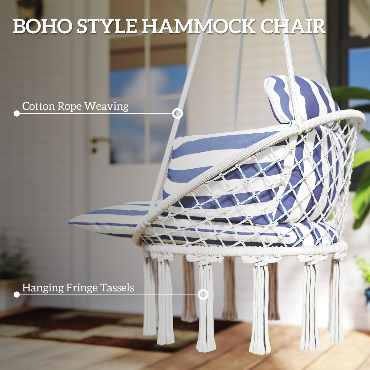 Macrame Hammock Swing Chair with Cushion, Blue and White — product view 7