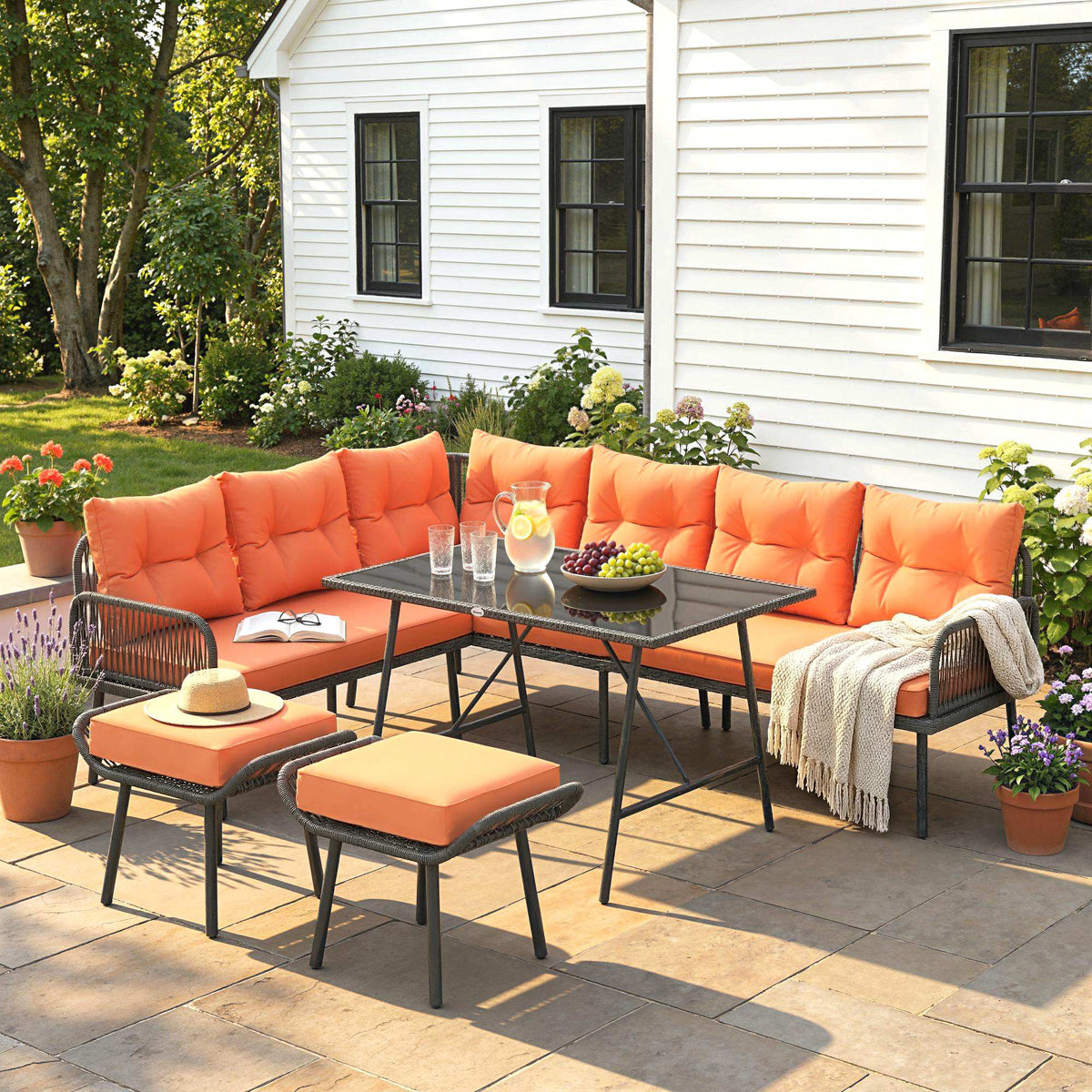 6-Piece 8-Seater Orange Rattan Corner Sofa Set with Cushions & Glass Table — product view 4