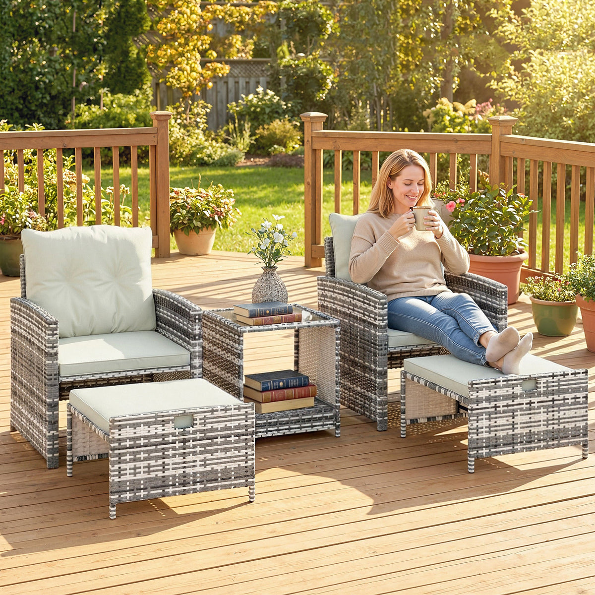 5-Piece Rattan Patio Set with Ottomans and 2-Tier Glass Coffee Table, Grey Cream — product view 3