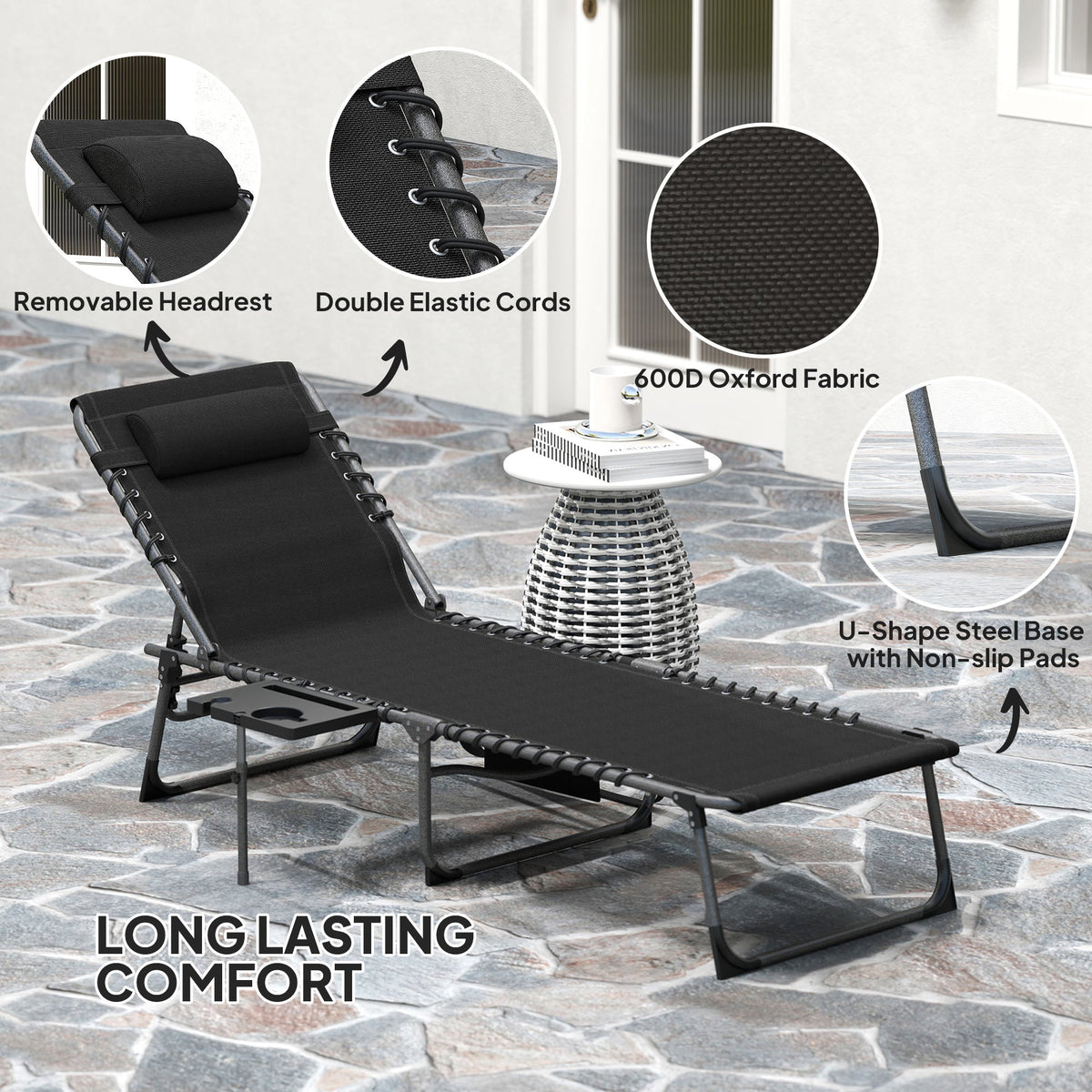 5-Level Adjustable Folding Chaise Lounge Chair with Side Table — product view 7